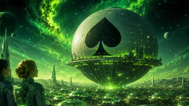Das sp8-Mutterschiff mit Pik-Symbol schwebt über einer grün leuchtenden Stadt